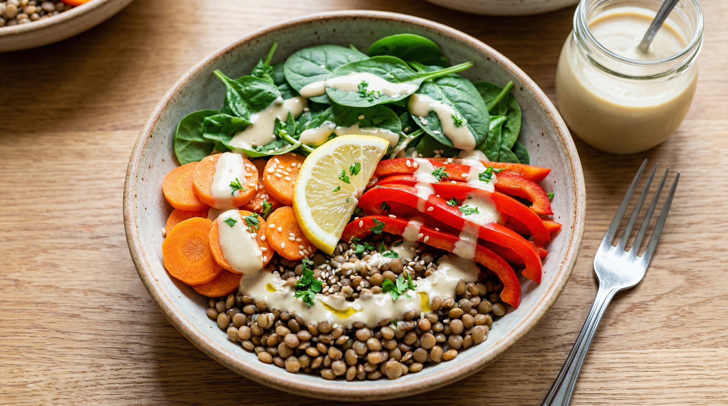 Linsen-Gemüse-Bowl mit Tahini-Dressing