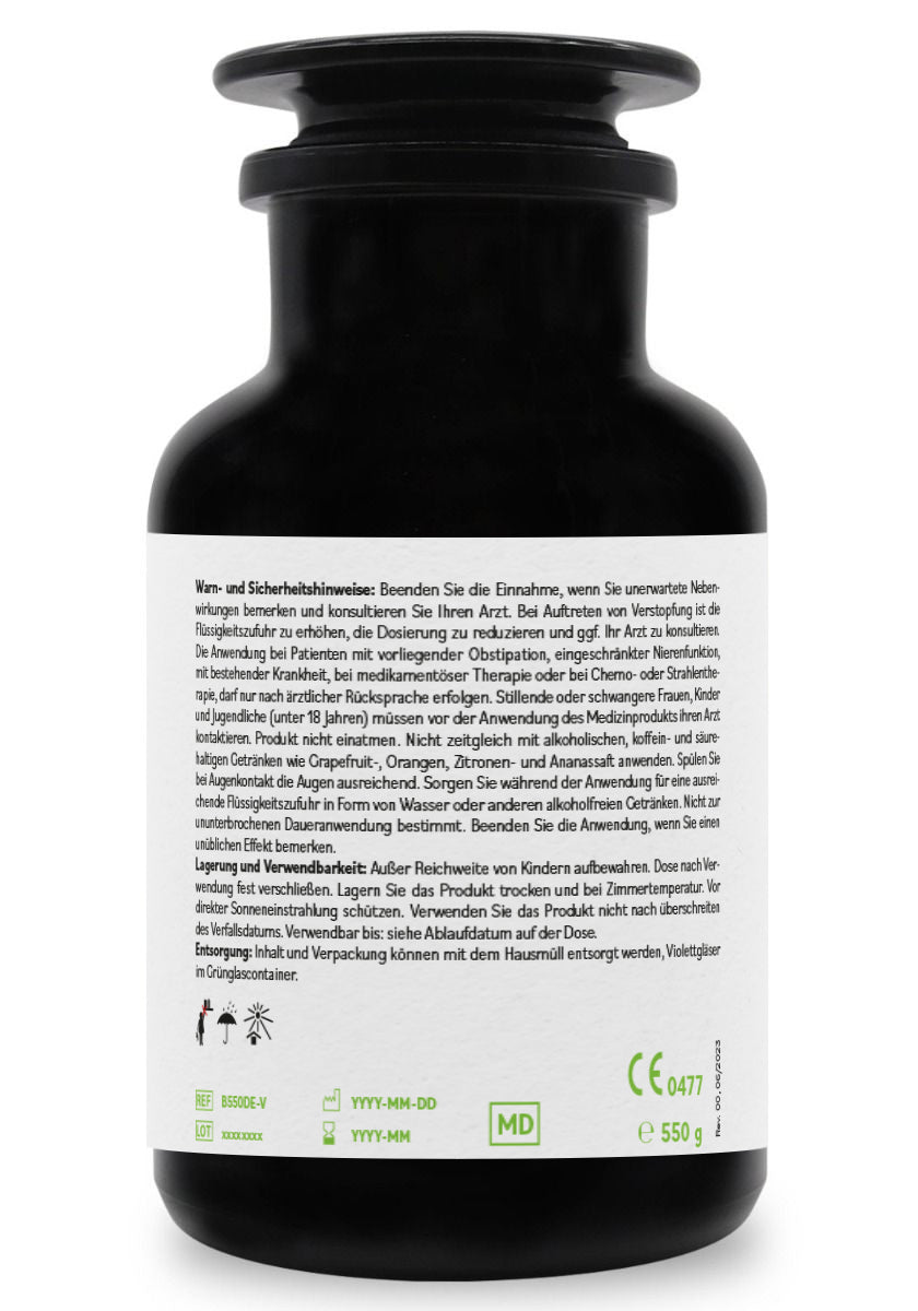 BentonitMED 550g de polvo detox en vidrio de Miron violeta, producto sanitario con certificado CE
