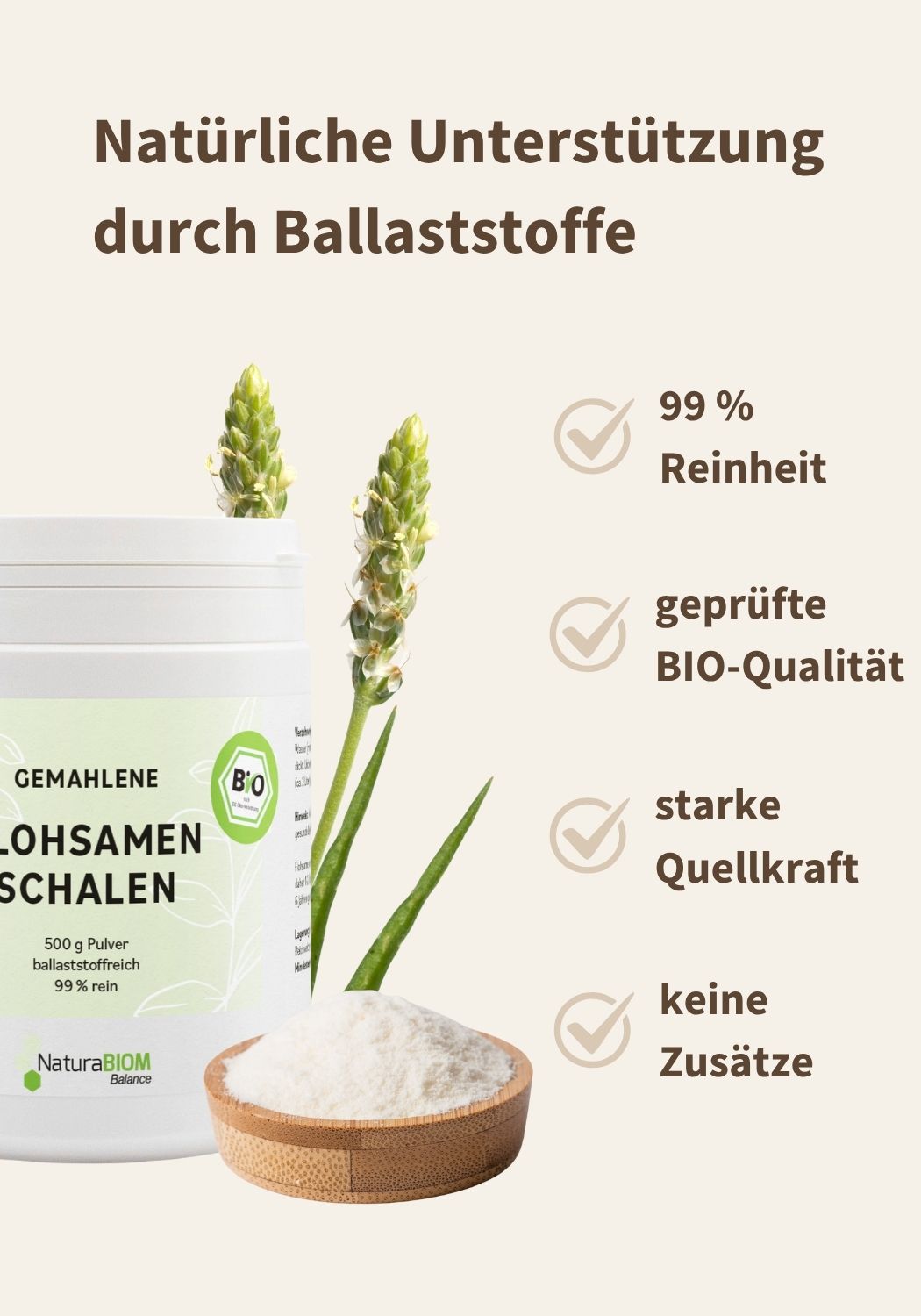 BIO-Flohsamenschalen gemahlen 500g Pulver (Psyllium) DE-ÖKO-070, zur inneren Anwendung