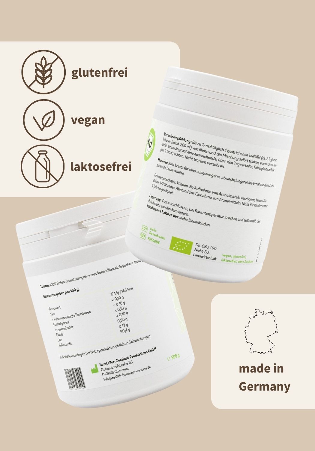 BIO-Flohsamenschalen gemahlen 500g Pulver (Psyllium) DE-ÖKO-070, zur inneren Anwendung