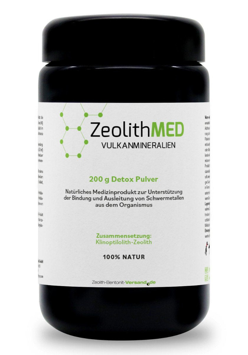 ZeolithMED detox en polvo 200g en vidrio de Miron violeta, producto sanitario con certificado CE