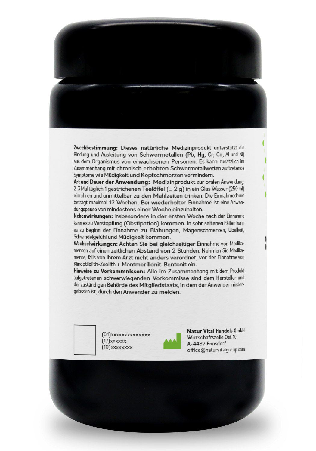 ZeoBentMED detox powder 200g in a Miron violet glass, medical device with CE certificate