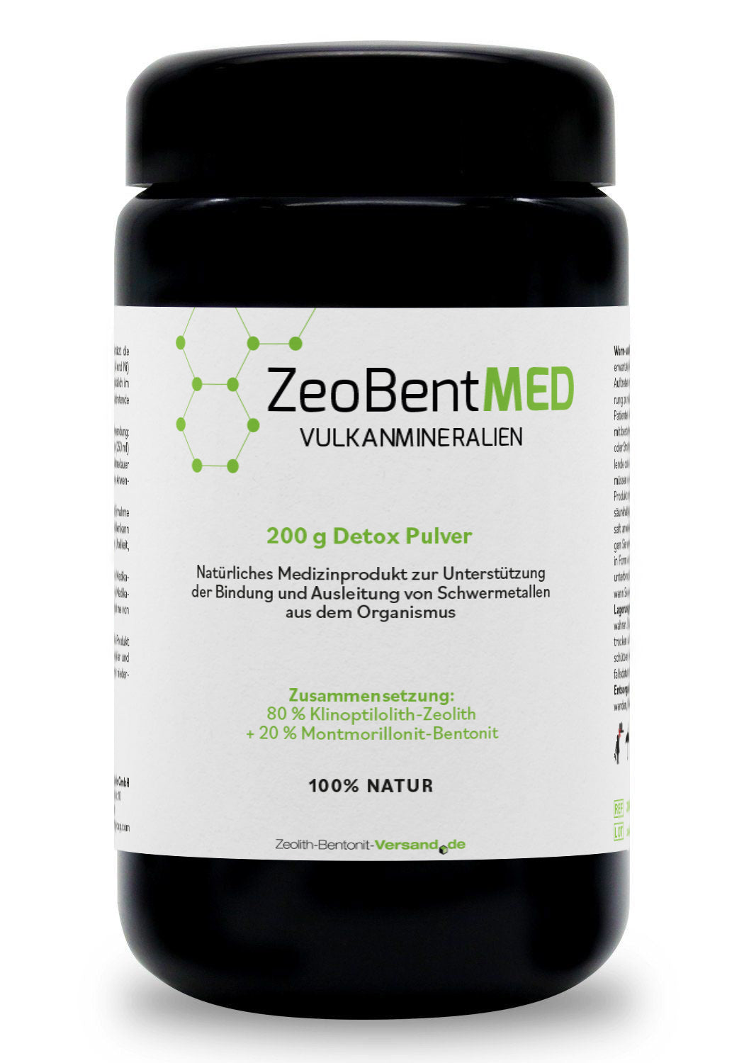 ZeoBentMED detox powder 200g in a Miron violet glass, medical device with CE certificate