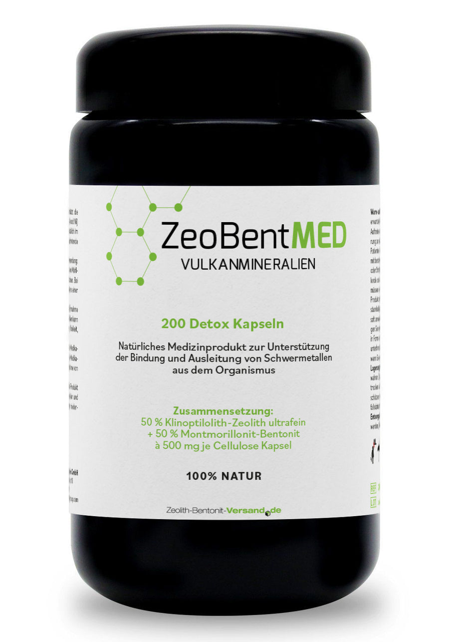 ZeoBentMED 200 cápsulas detox en un vidrio de Miron violeta, dispositivo médico con certificado CE