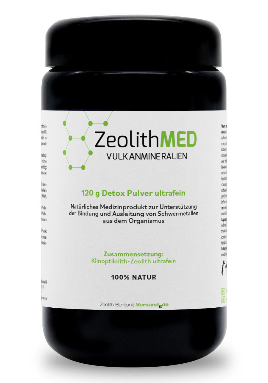 ZeolithMED polvo detox ultrafino 120g en vidrio de Miron violeta, producto sanitario con certificado CE