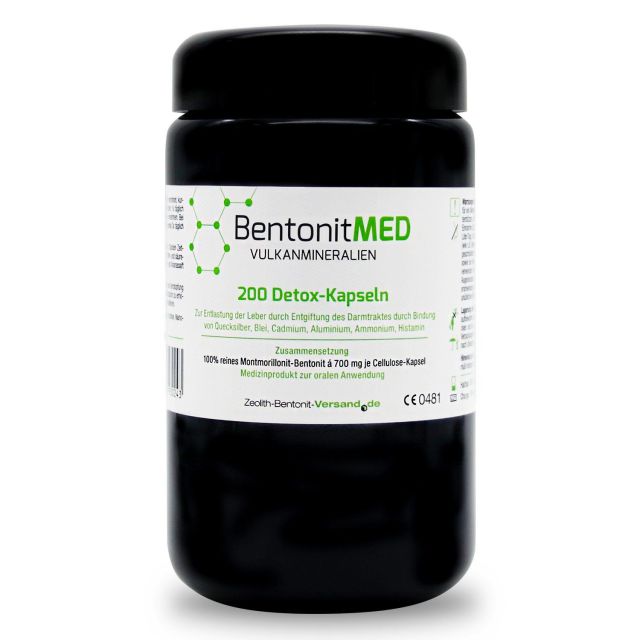 Bentonite MED 200 detox capsules in violet glass, Medical device