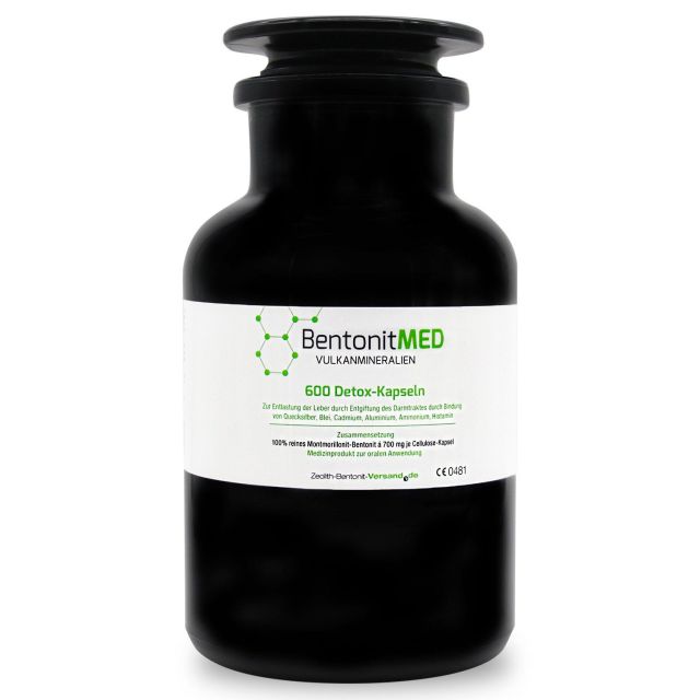 Bentonite MED 600 detox capsules in violet glass, Medical device