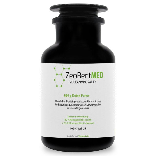 ZeoBentMED detox powder 650g in a Miron violet glass, medical device with CE certificate