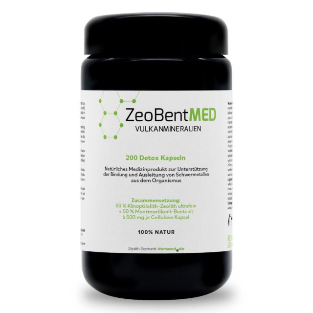 ZeoBentMED 200 detox capsules in a Miron violet glass, medical device with CE certificate