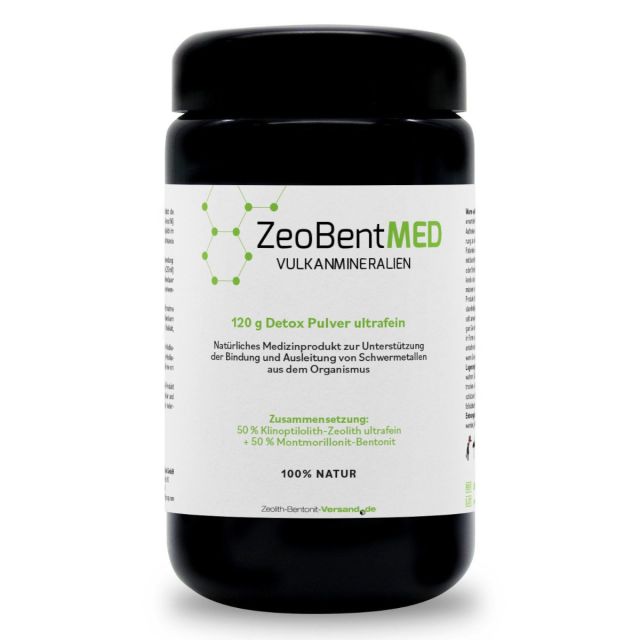 ZeoBentMED detox powder ultra-fine 120g in a Miron violet glass, medical device with CE certificate